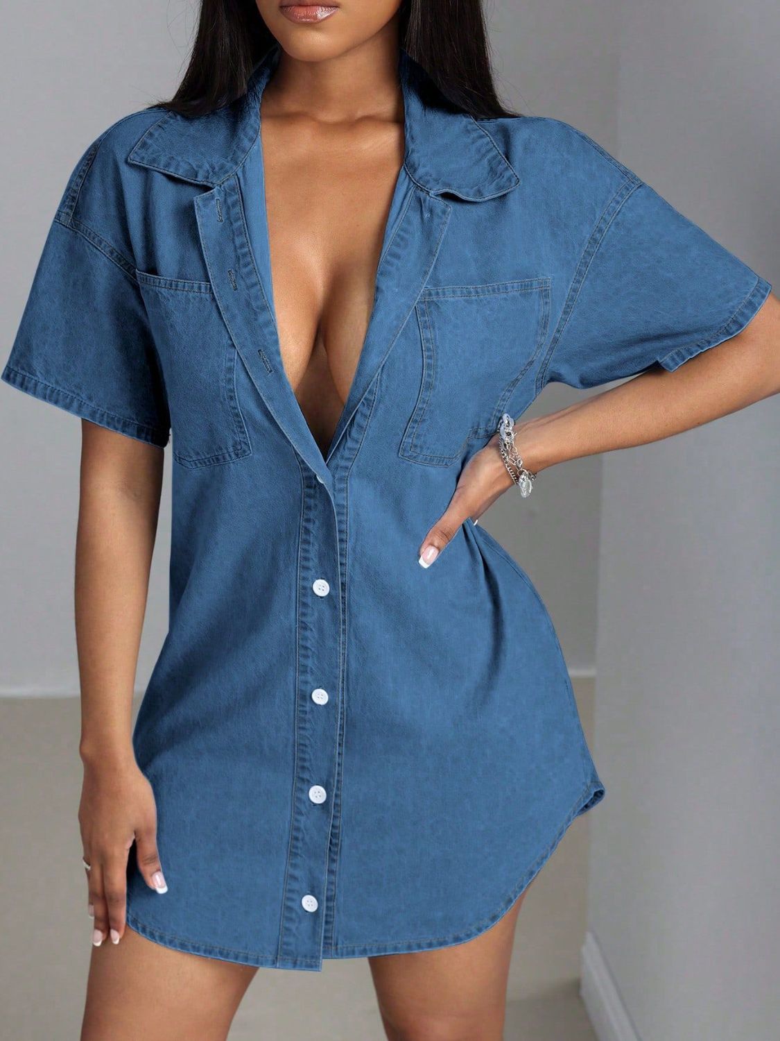 Buy Button Down Collared Neck Denim Dress by Faz