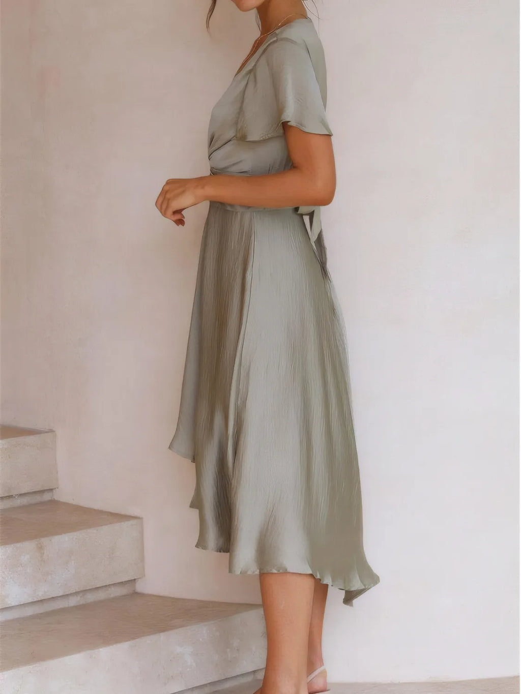 Buy High-Low Plunge Flutter Sleeve Dress by Faz