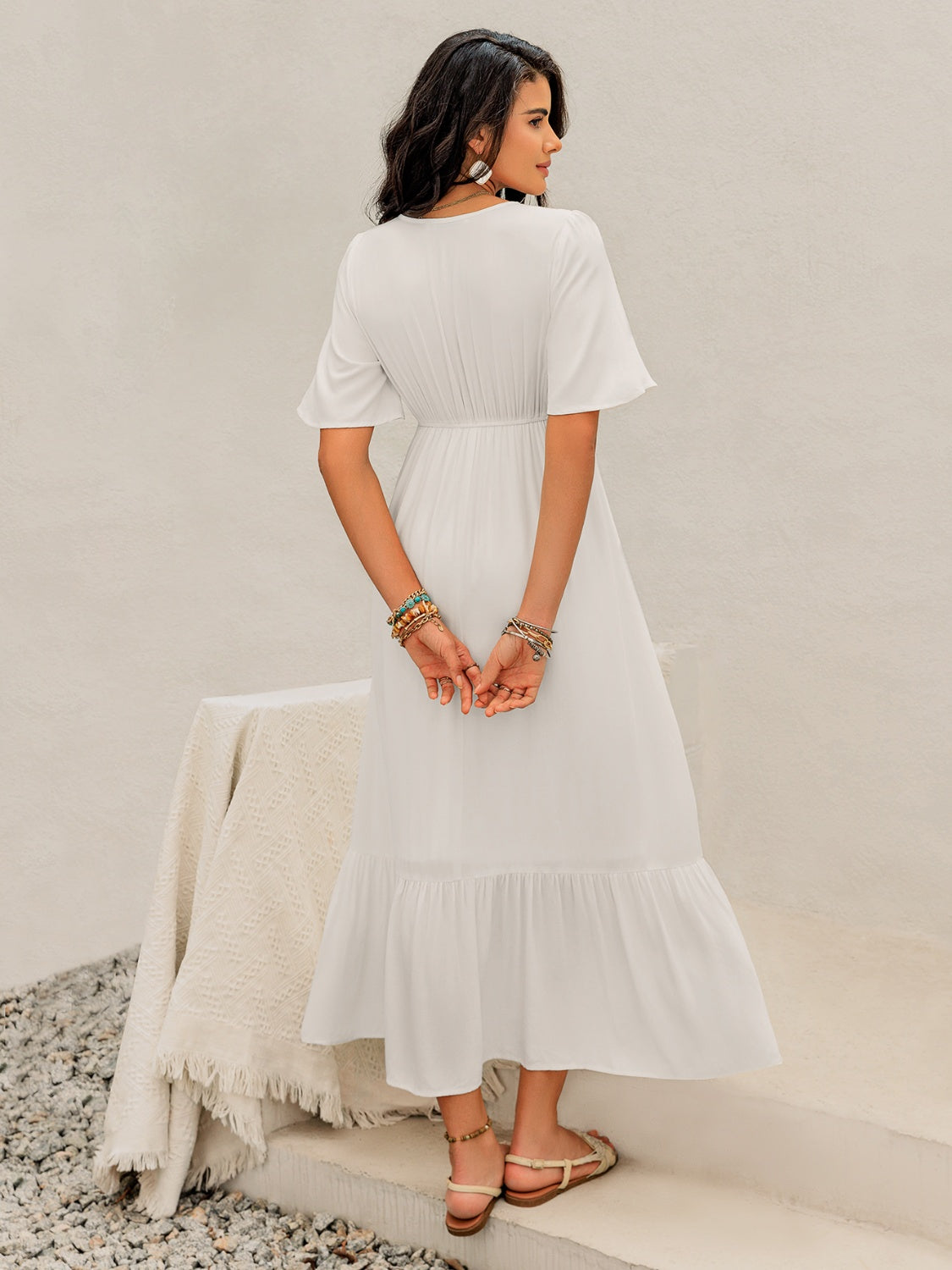 Buy Ruffled Hem V-Neck Flutter Sleeve Dress by Faz