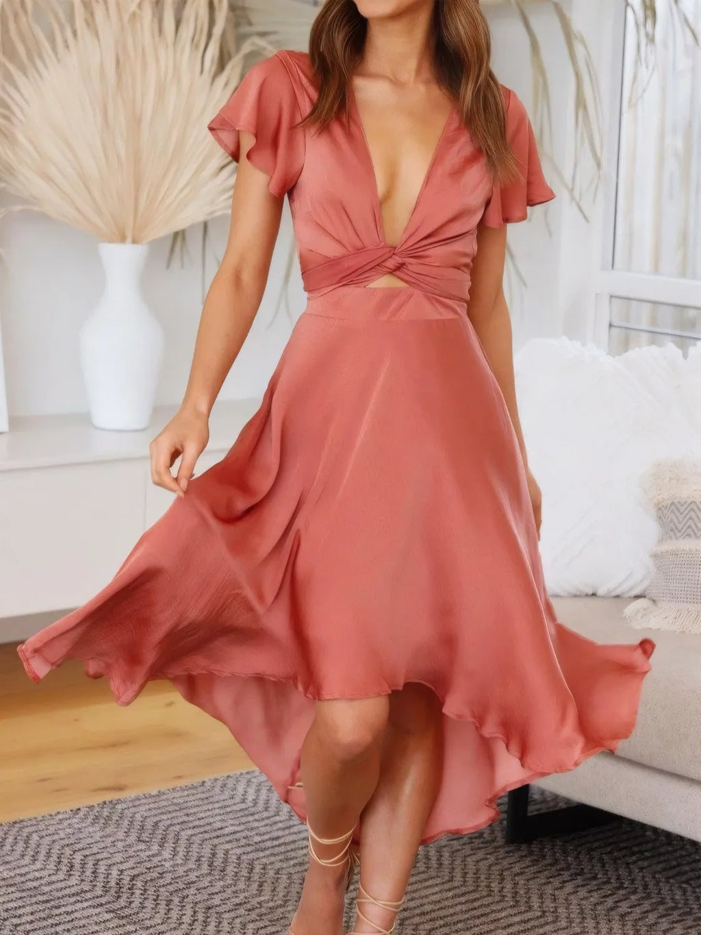 Buy High-Low Plunge Flutter Sleeve Dress by Faz