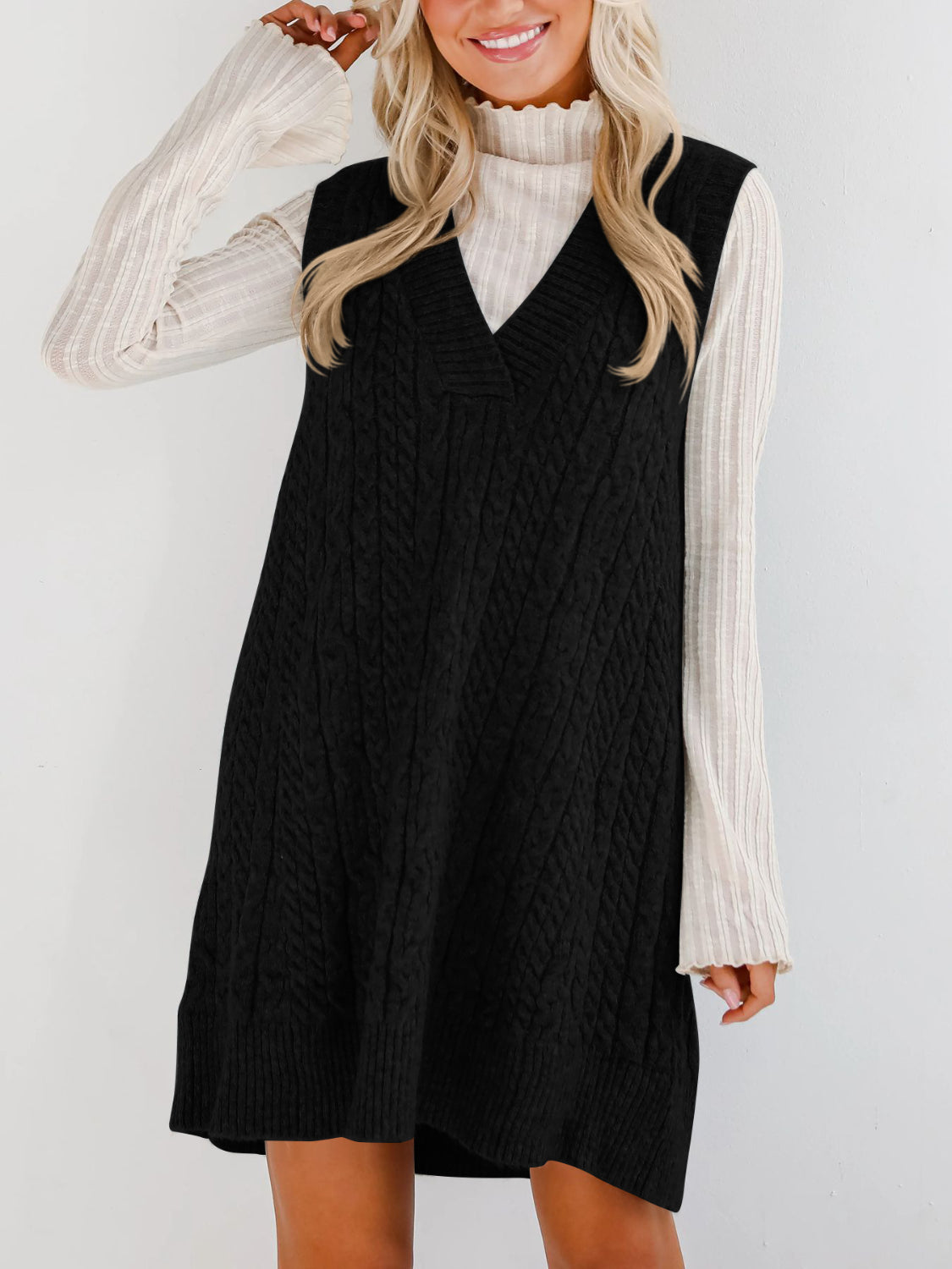 Buy Cable Knit V-Neck Mini Sweater Overall Dress by Faz