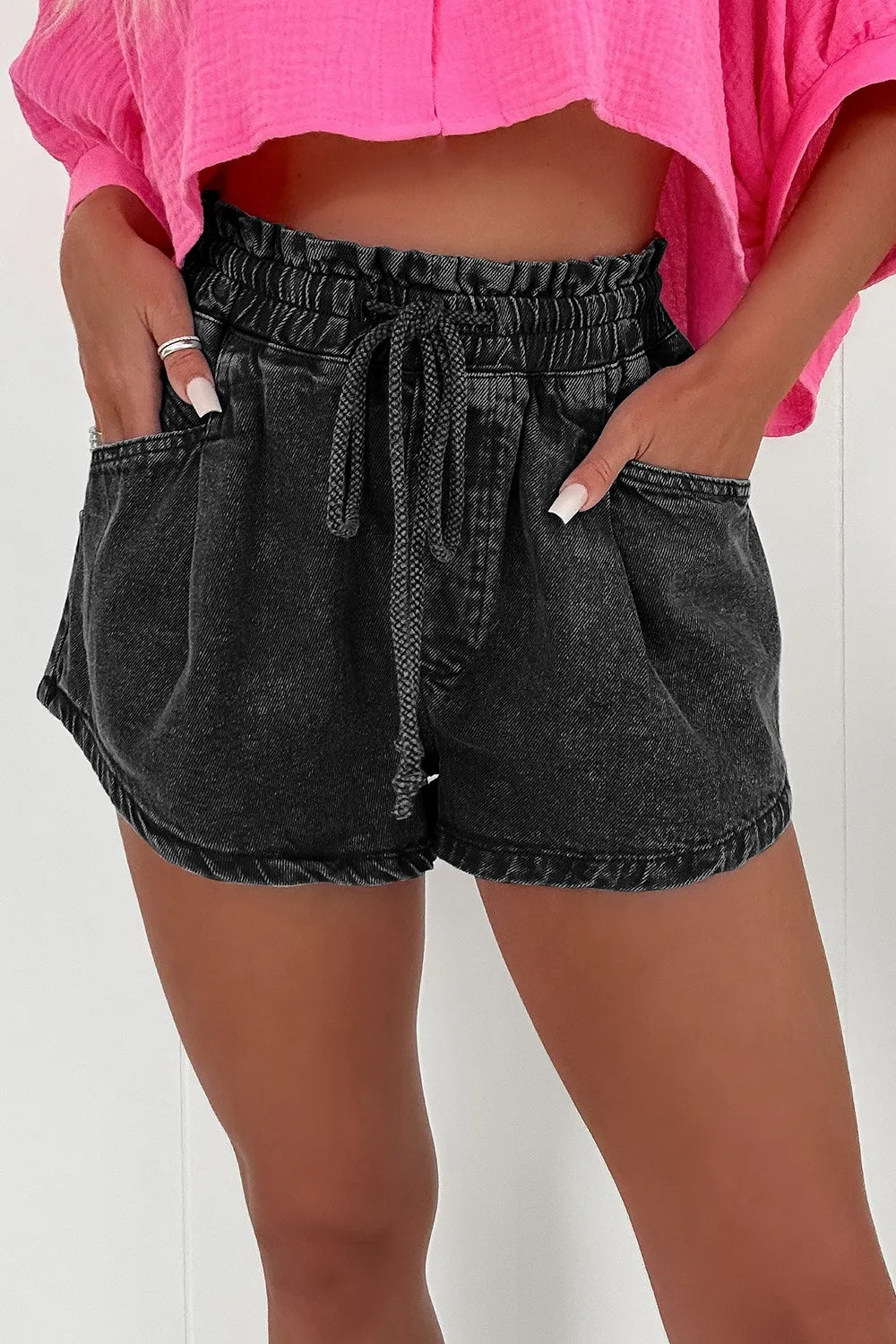 Buy Drawstring High Waist Denim Shorts with Pockets by Faz