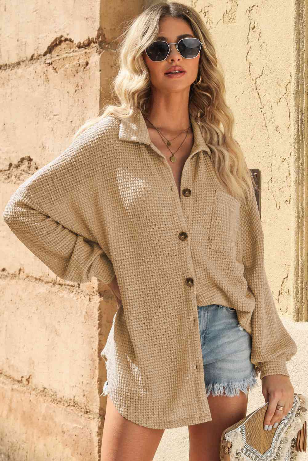 Buy Waffle-Knit Collared Neck Dropped Shoulder Shirt by SYNZ