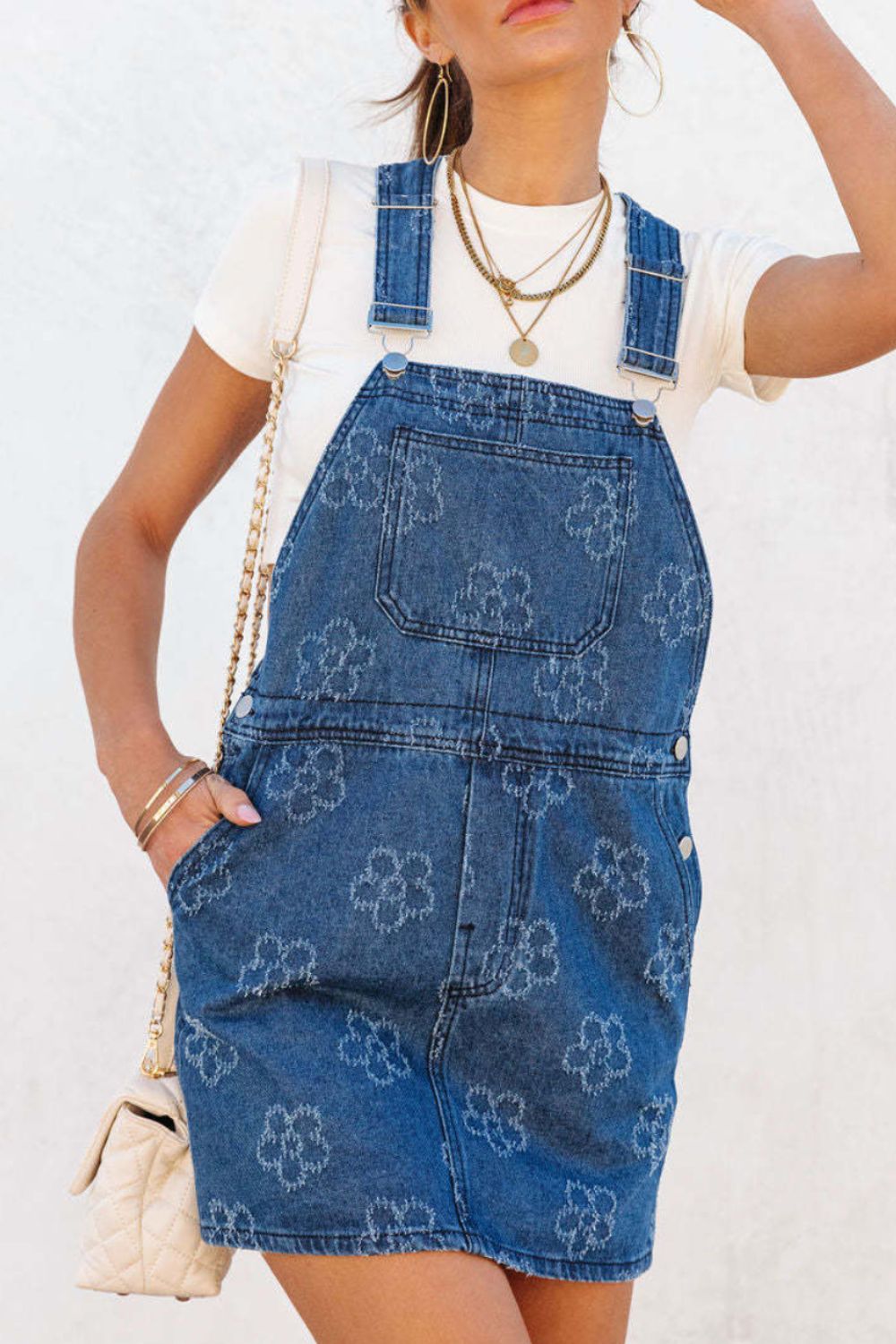 Buy Flower Print Square Neck Denim Overall Dress by Faz