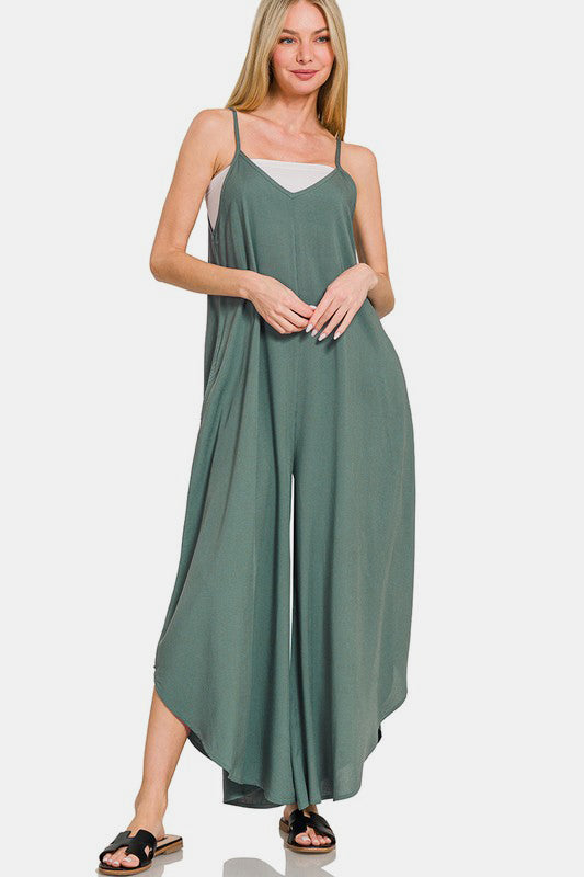 Buy Sleeveless Curved Hem Wide Leg Overalls with Pockets by Faz