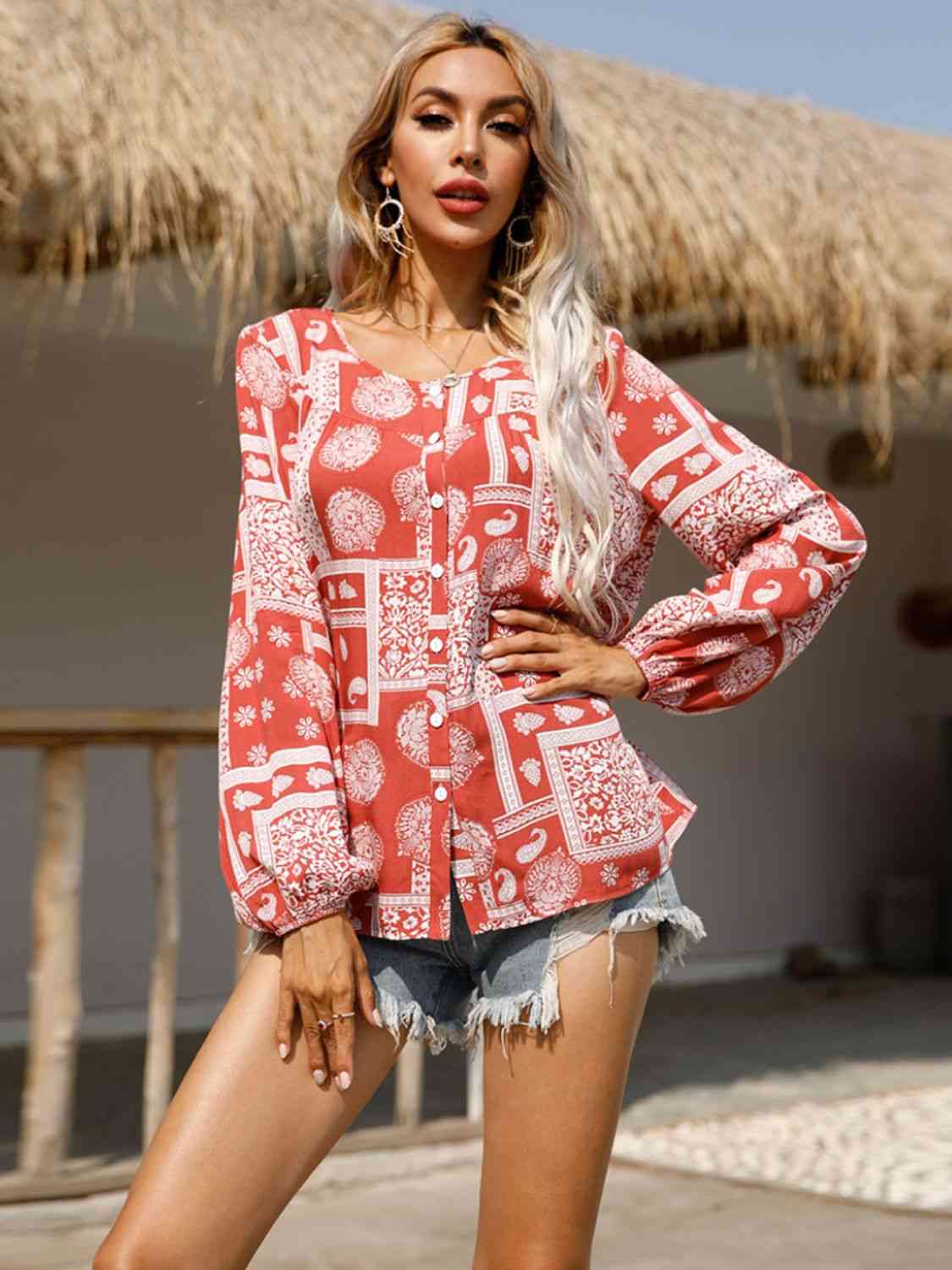 Buy Shiny Round Neck Button Down Shirt by Romantichut