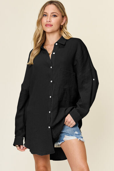 Buy Full Size Pocketed Texture Button Up Shirt by Double Take