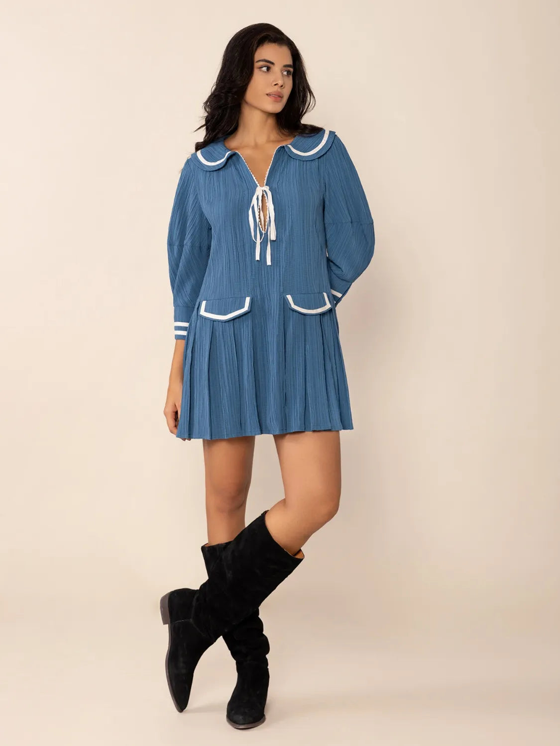 Buy Tie Front Pleated Three-Quarter Sleeve Mini Dress by Faz