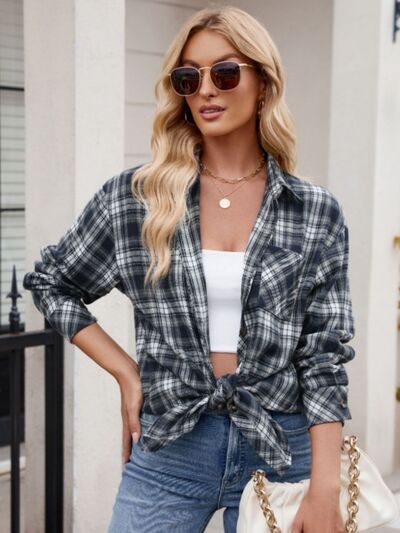 Buy Pocketed Plaid Collared Neck Long Sleeve Shirt by Mandy