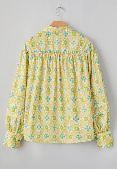 Buy Frill Printed Collared Neck Long Sleeve Blouse by SYNZ