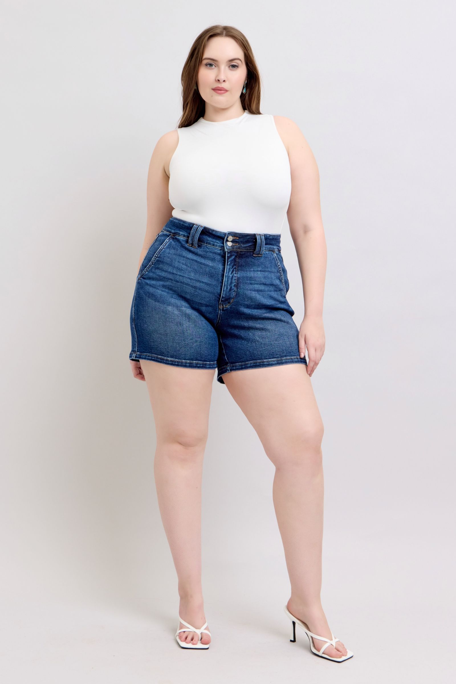 Buy Full Size Double Button Waistband Denim Shorts Plus Size by Faz
