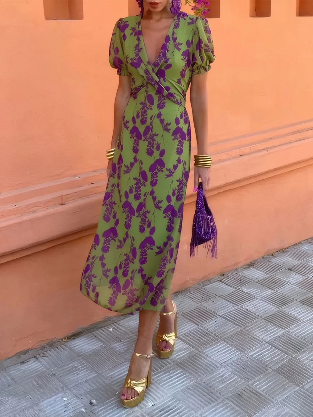 Buy Printed Plunge Short Sleeve Midi Dress by Faz