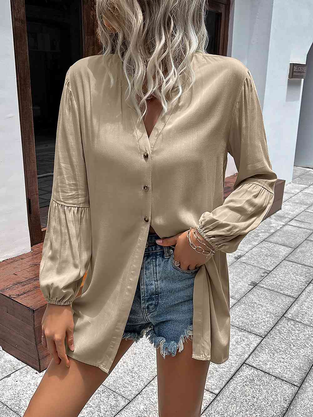 Buy Ivy Lane Notched Neck Balloon Sleeve Shirt by Double Take