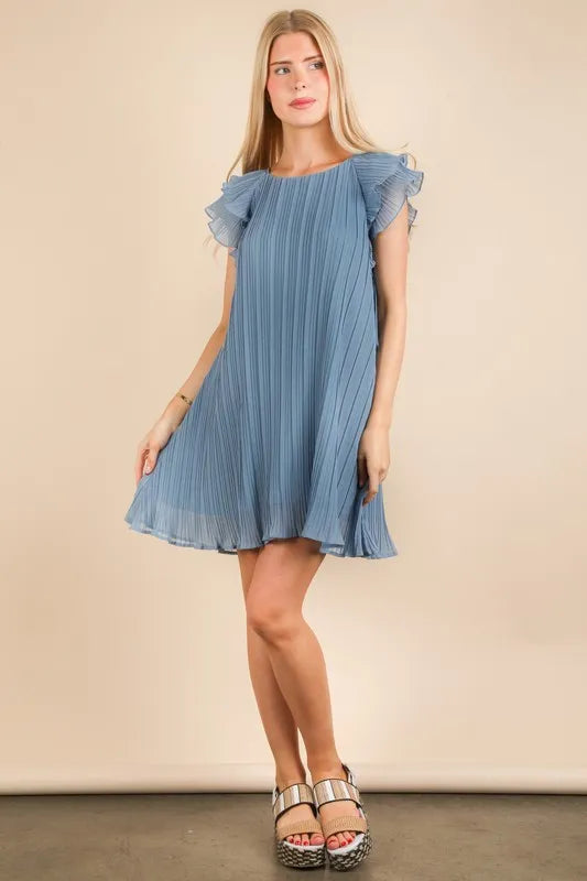 Plus Size Ruffle Sleeve Pleated Woven Mini Dress