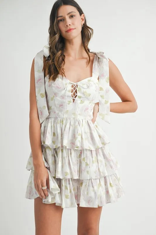 Buy Floral Print Shoulder Tie Layered Mini Dress by Faz
