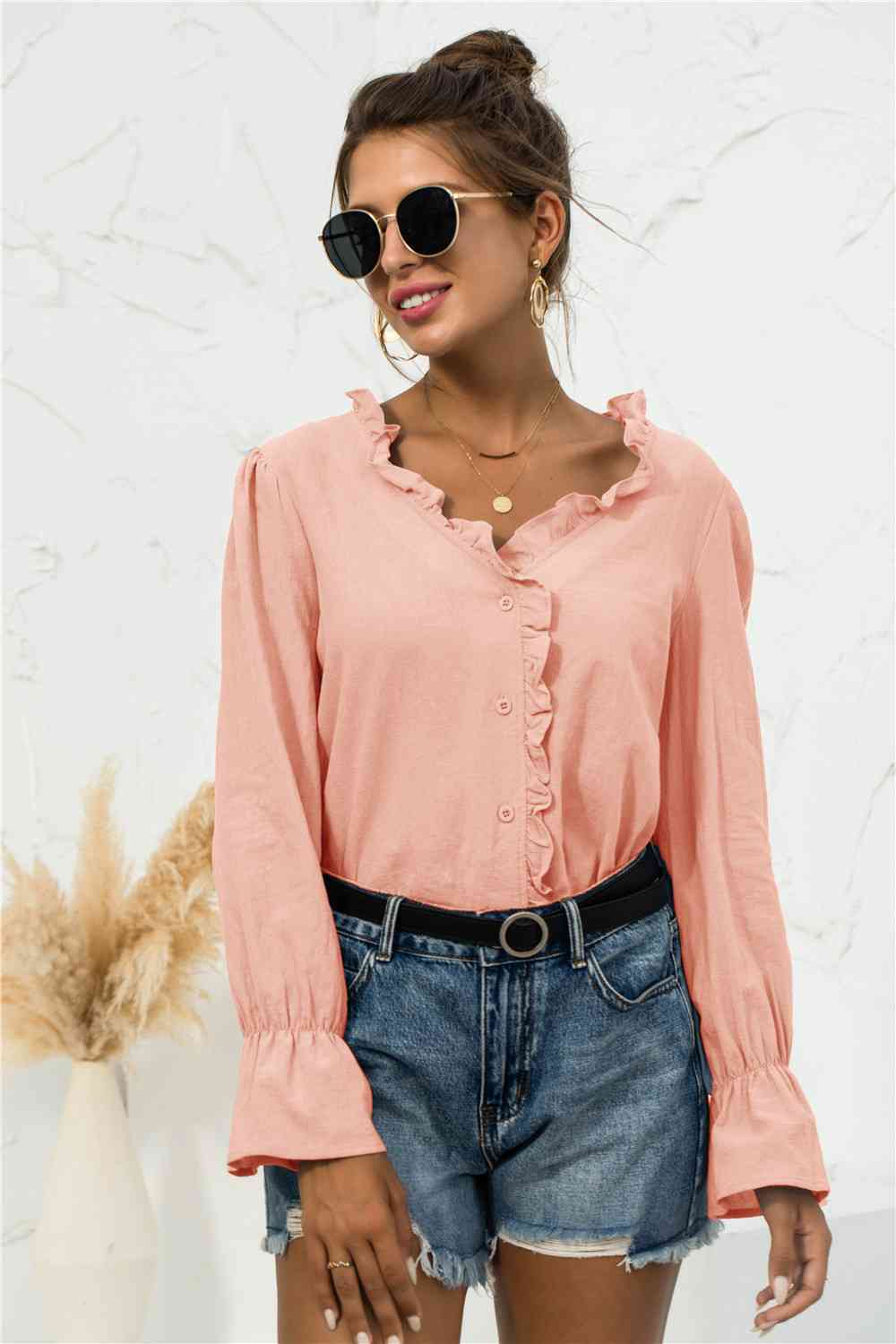 Buy Frill Trim V-Neck Flounce Sleeve Shirt by YO
