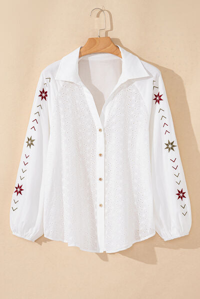 Buy Embroidered Eyelet Collared Neck Long Sleeve Shirt by SYNZ
