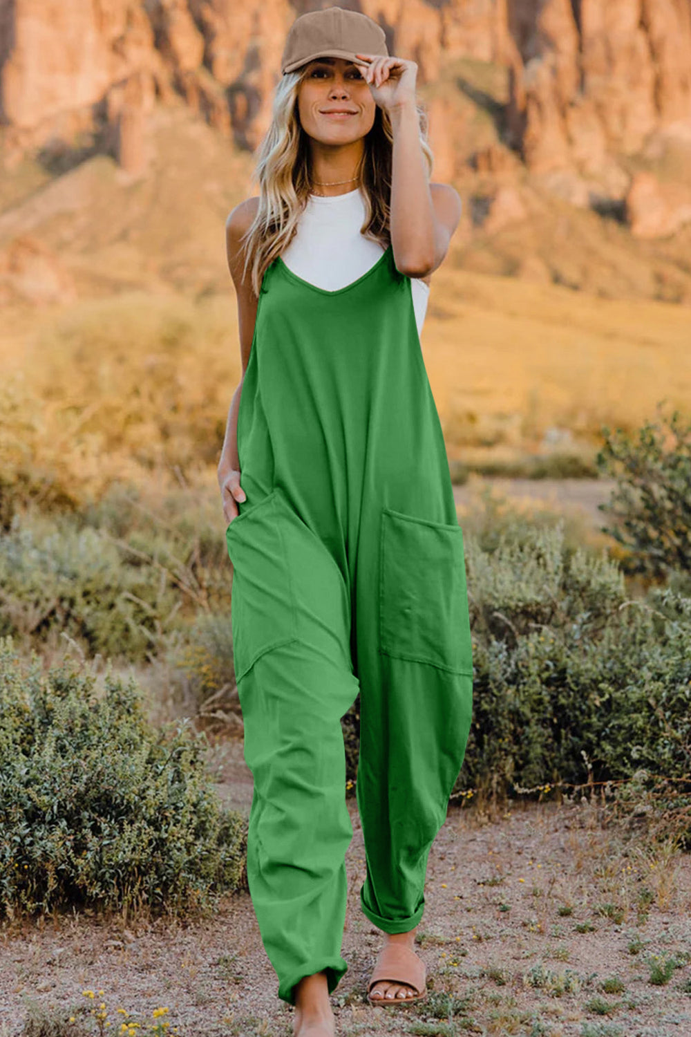 Buy Full Size V-Neck Sleeveless Jumpsuit with Pockets by Double Take