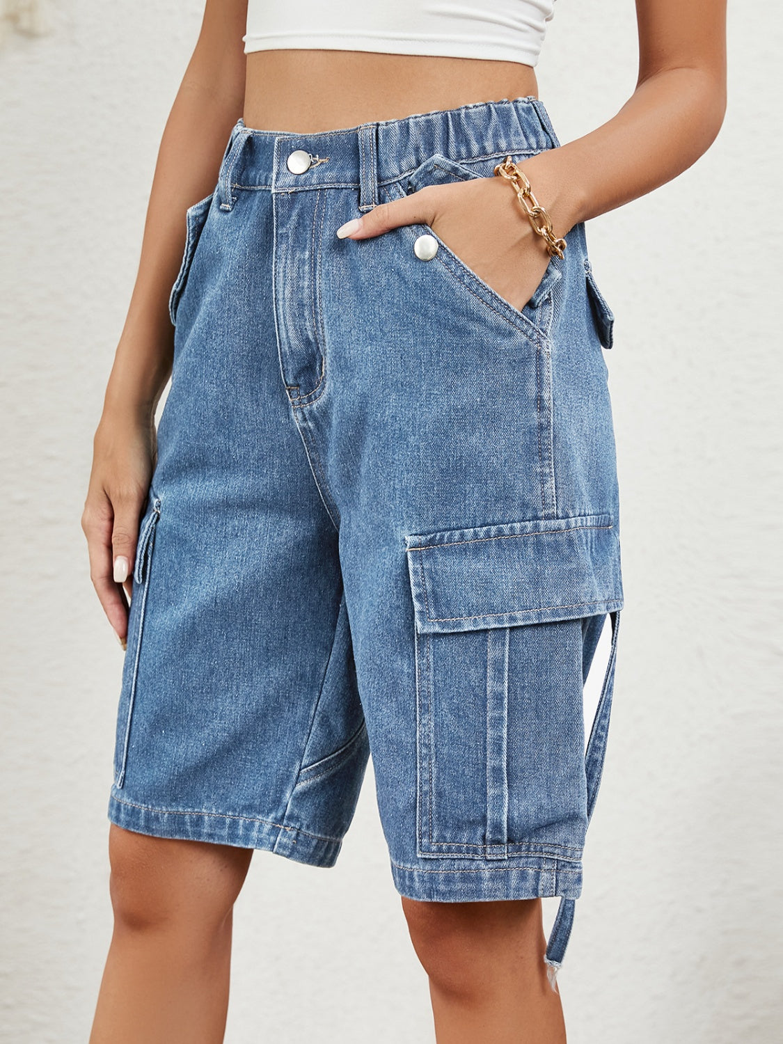 Buy High Waist Denim Shorts with Pockets by Faz