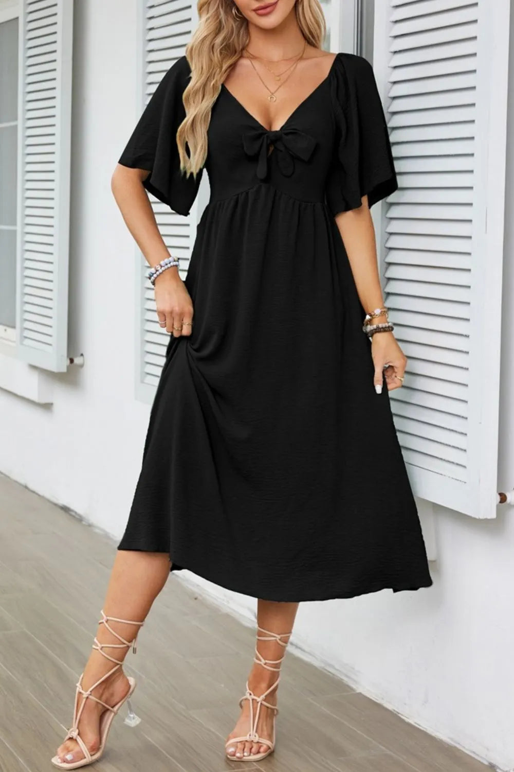 Buy Smocked Tie Front Flutter Sleeve Midi Dress by Faz