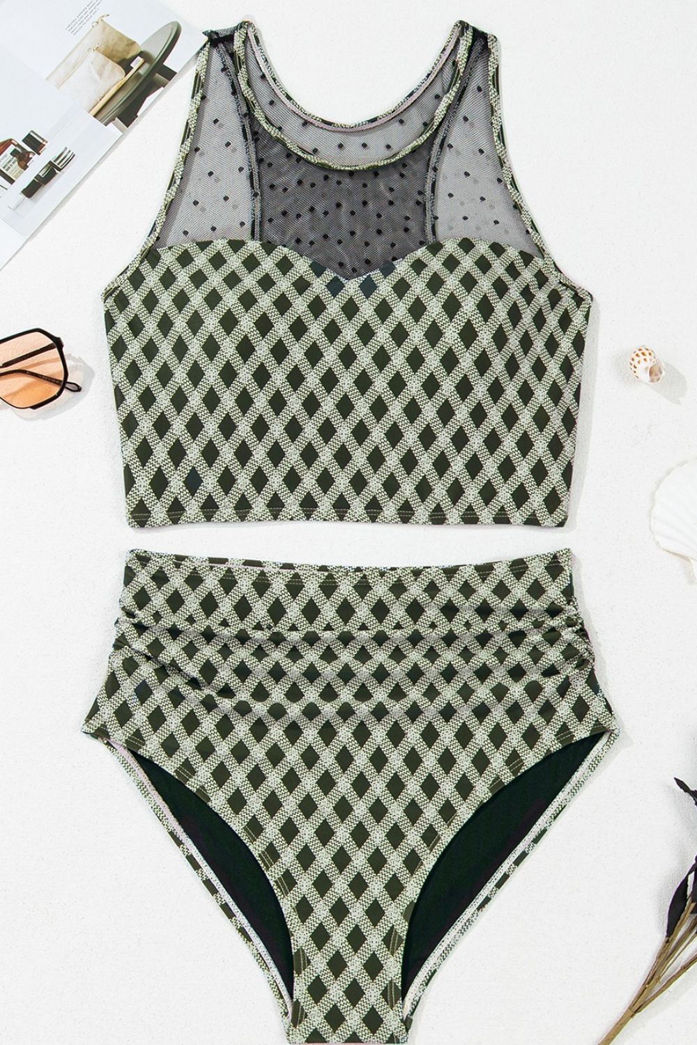 Buy Dotted Mesh Plaid Patchwork High Waisted Swim Set by Faz
