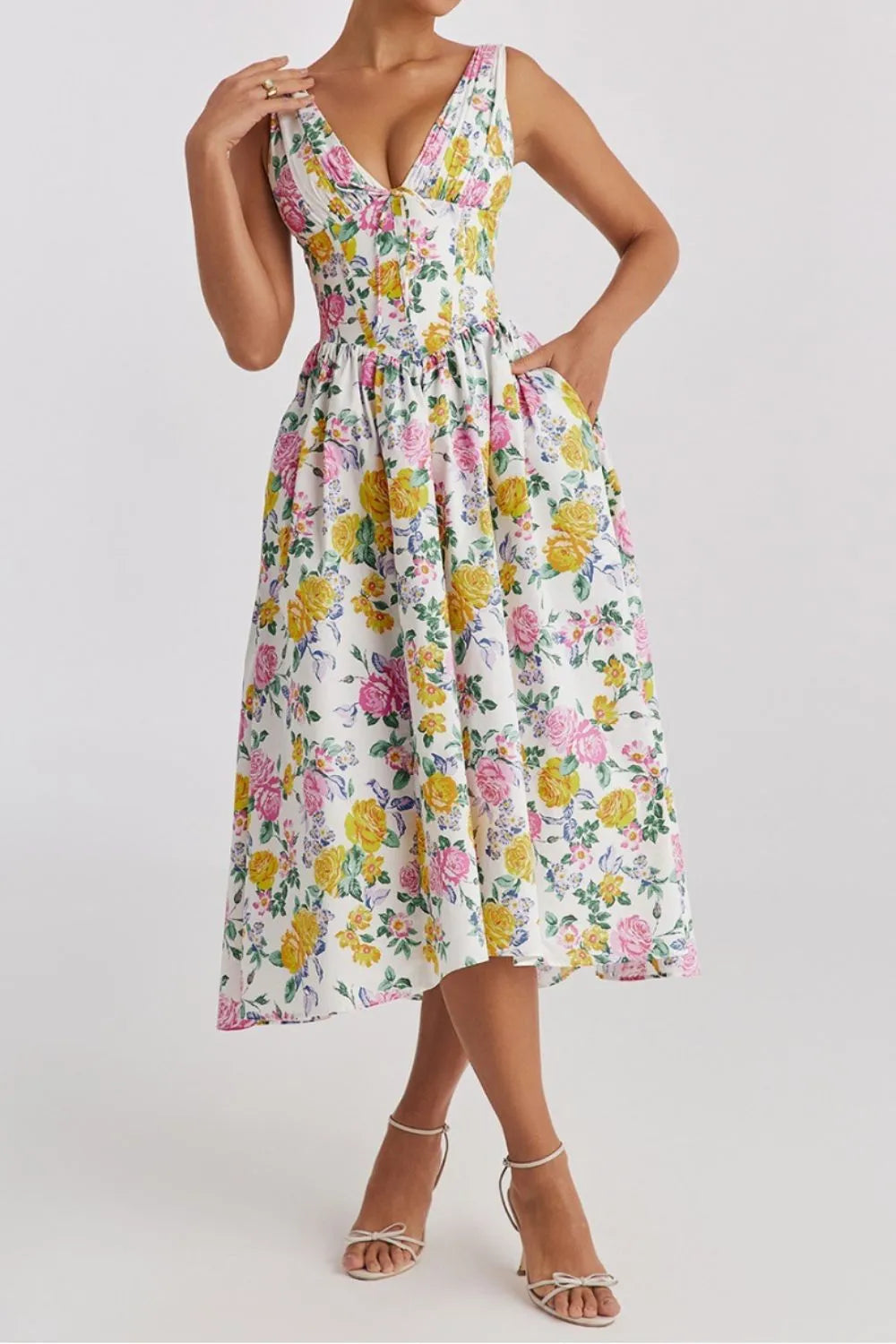Buy Floral V-Neck Sleeveless Midi Dress with Pockets by Faz