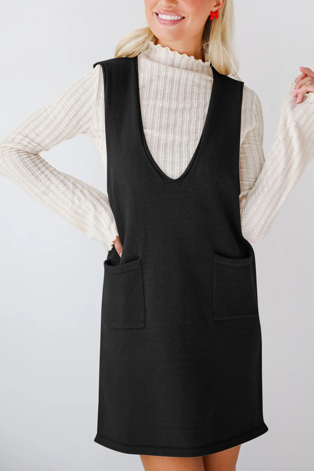 Buy Pocketed V-Neck Mini Sweater Overall Dress by Faz
