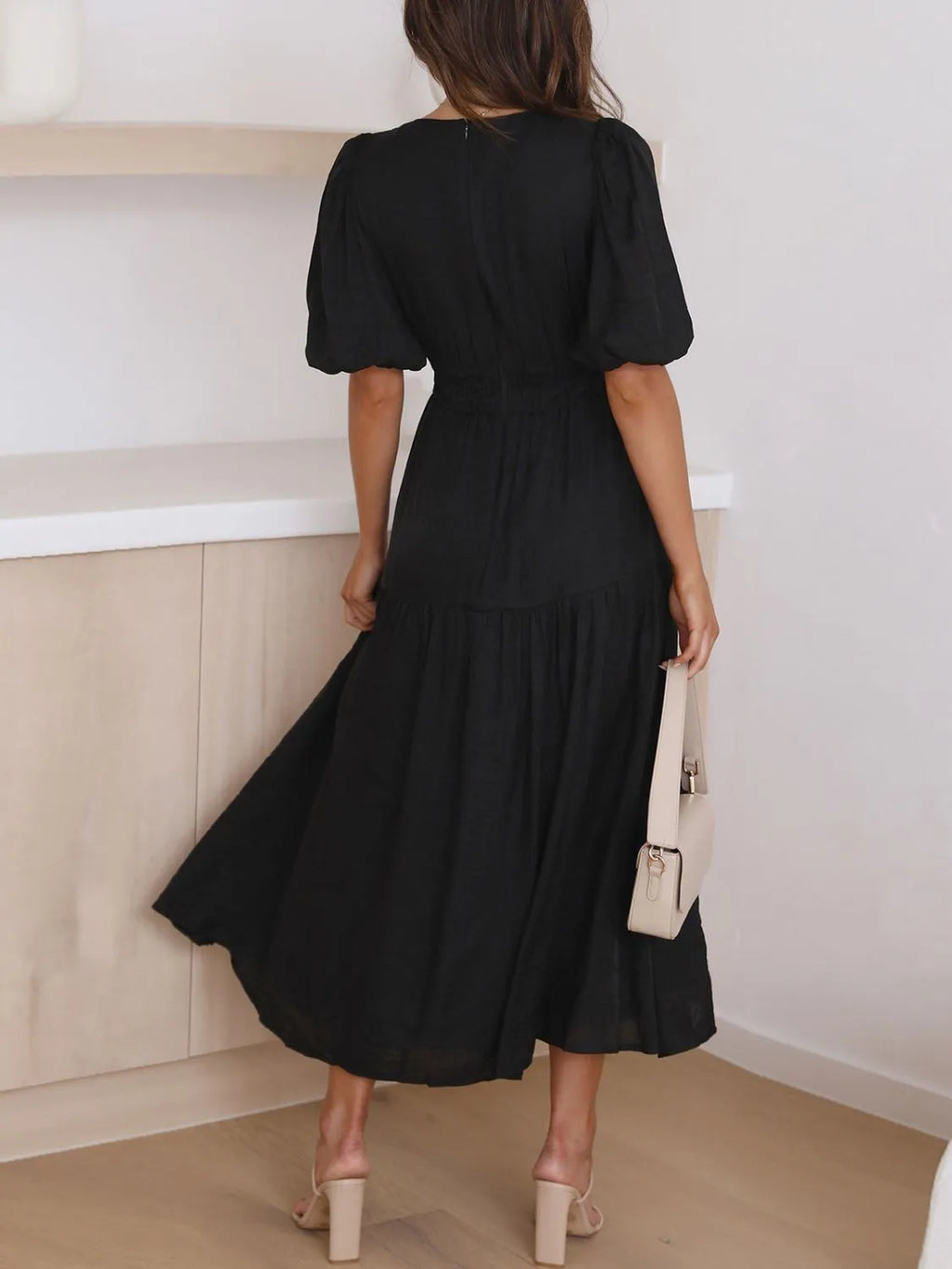 Buy V-Neck Puff Sleeve Midi Dress by Faz