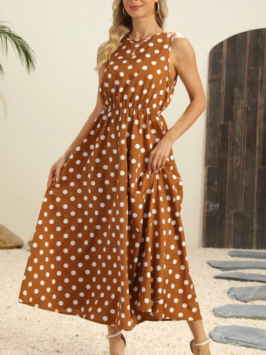 Buy Polka Dot Round Neck Sleeveless Midi Dress by Faz