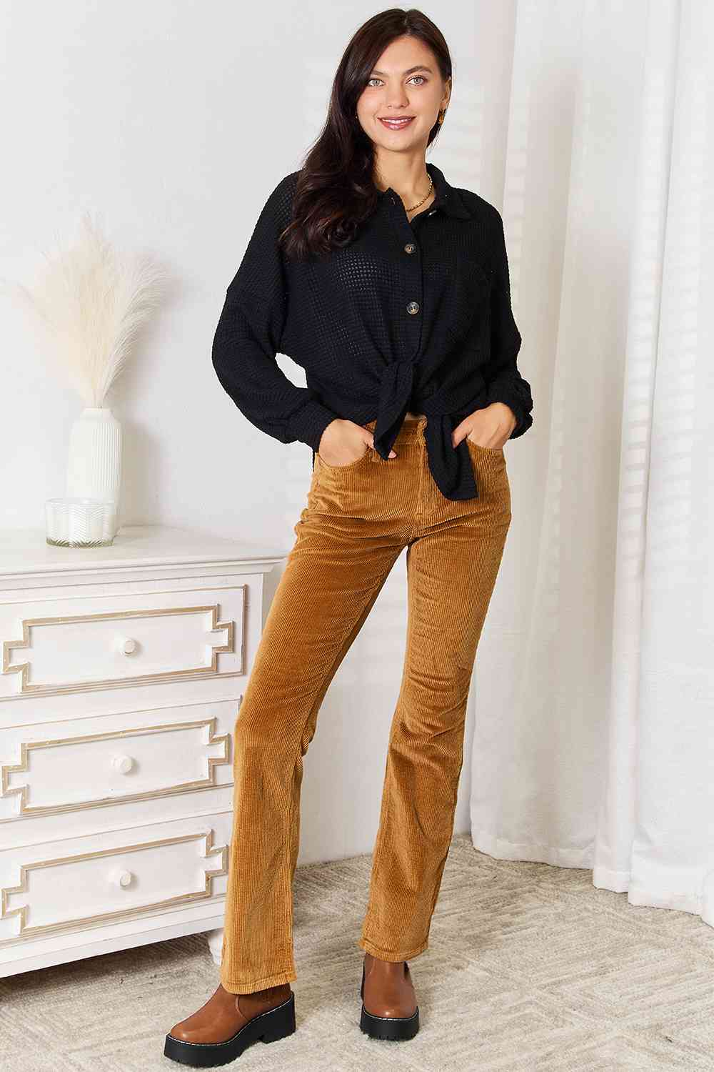 Buy Waffle-Knit Collared Neck Dropped Shoulder Shirt by Double Take