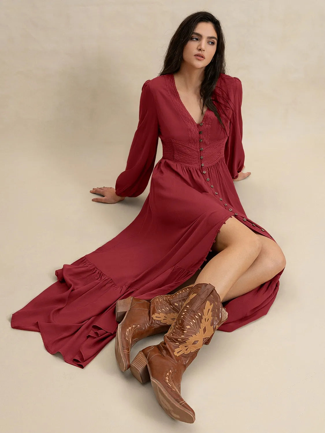 Buy V-Neck Balloon Sleeve Ruffled Hem Maxi Dress by Faz