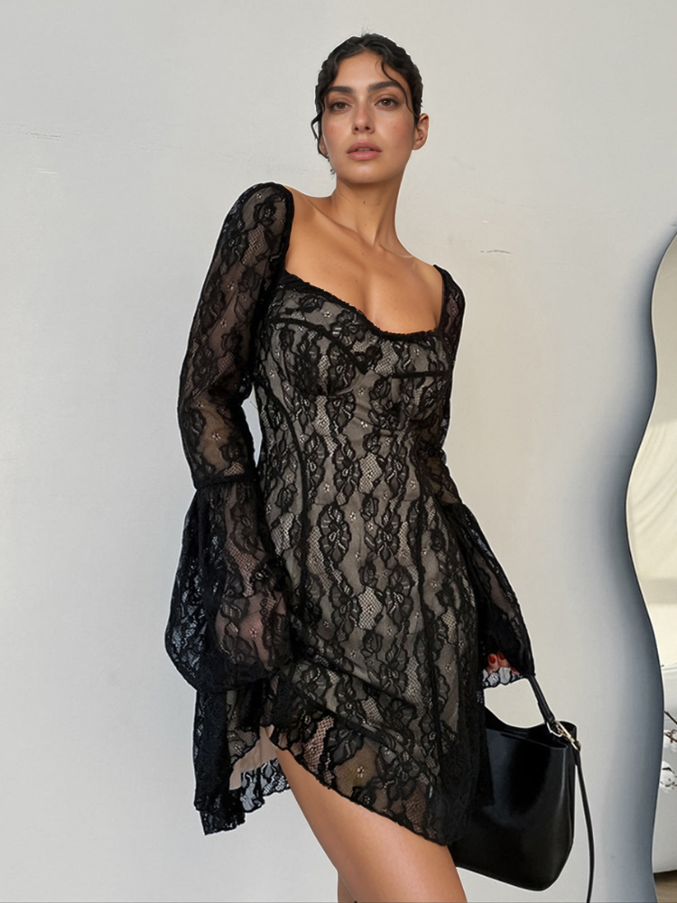 Buy Lace Sweetheart Neck Flare Sleeve Mini Dress by Faz