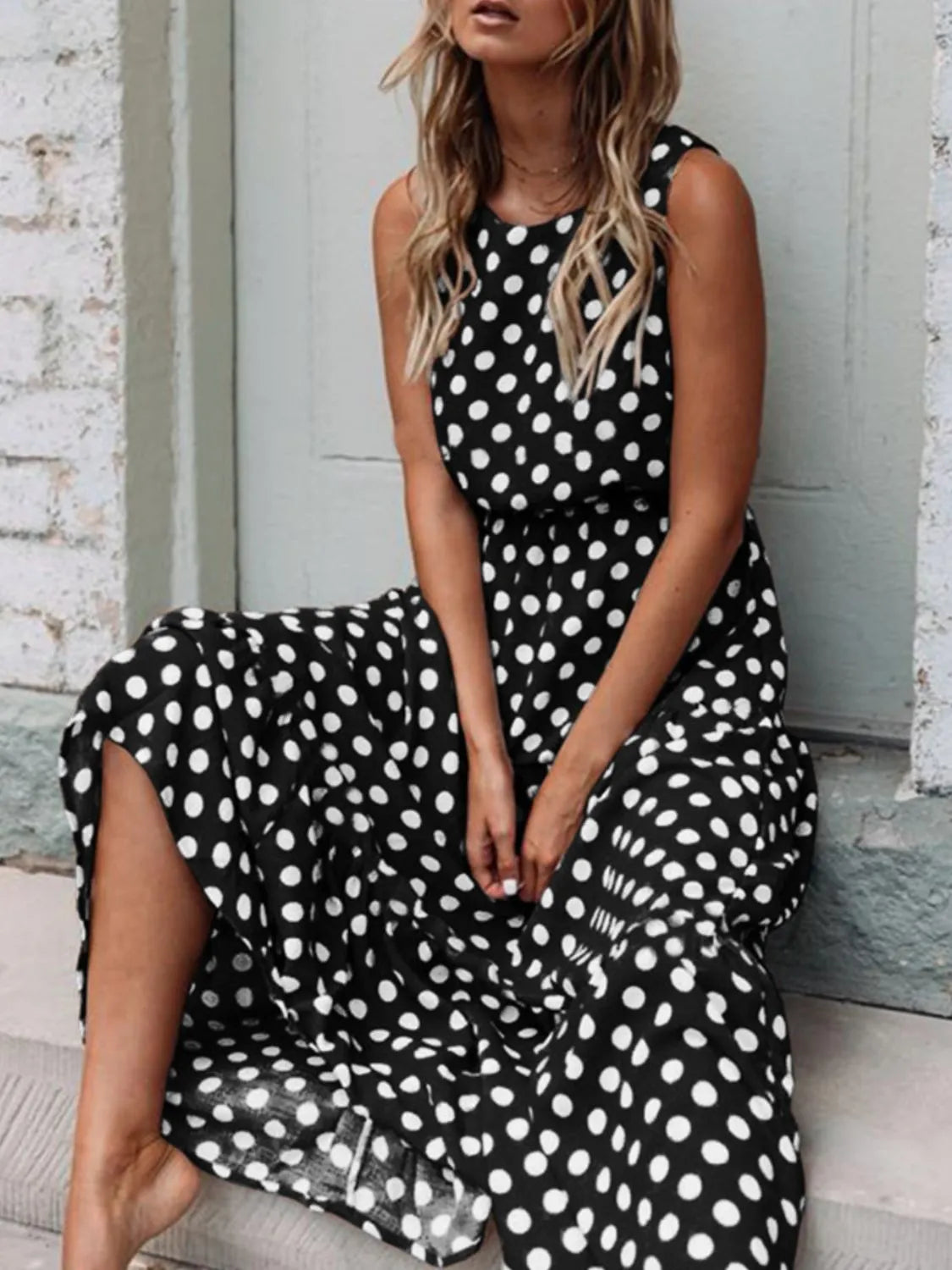 Buy Polka Dot Round Neck Sleeveless Midi Dress by Faz