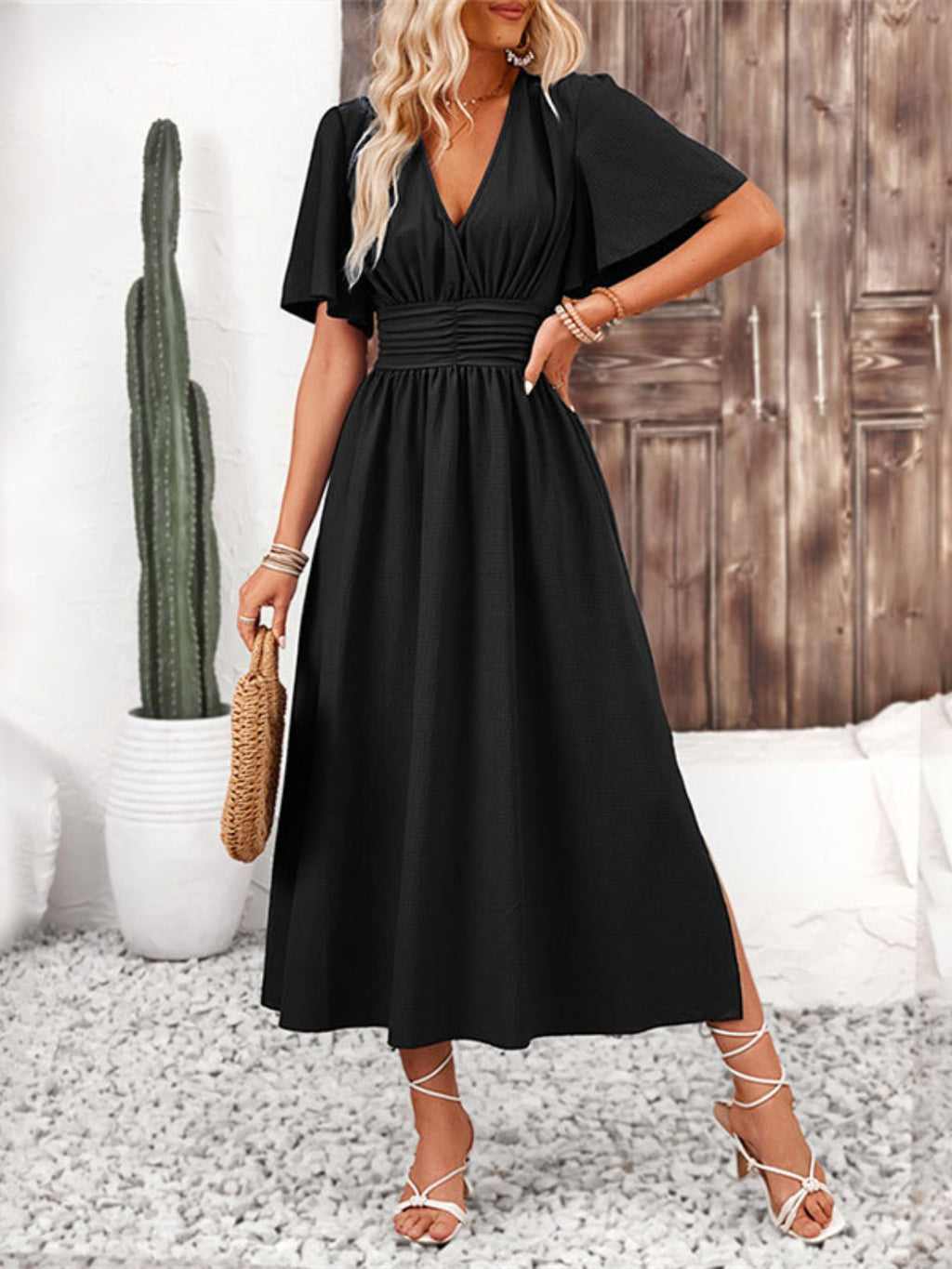 Buy Side Slit Surplice Flutter Sleeve Midi Dress by Faz