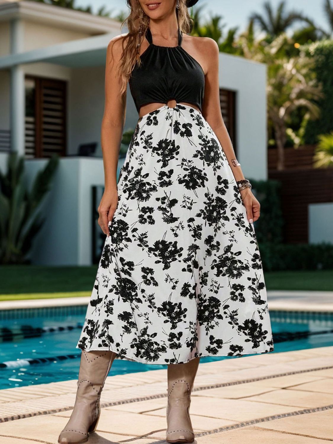 Buy Backless Printed Halter Neck Midi Dress by Faz