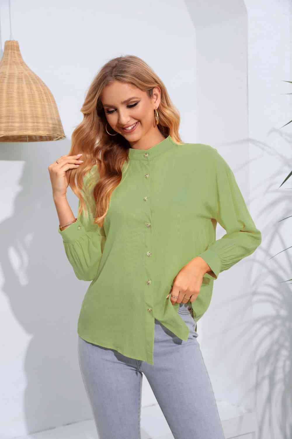 Buy Mock Neck Buttoned Long Sleeve Shirt by JR