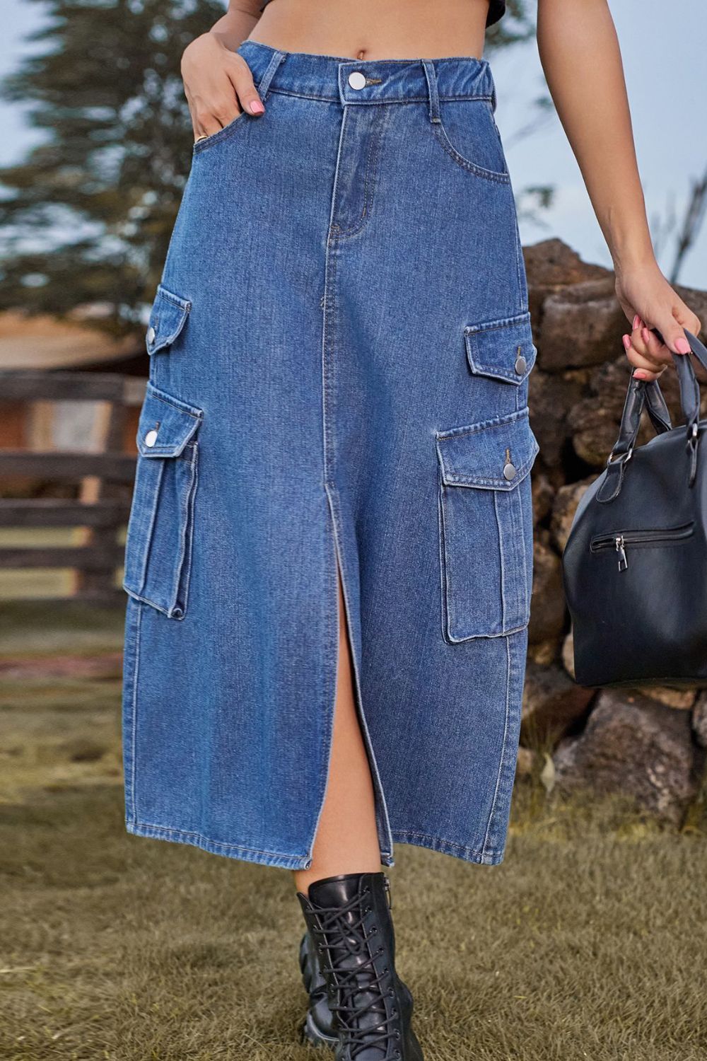 Buy Slit Front Midi Denim Skirt with Pockets by Faz