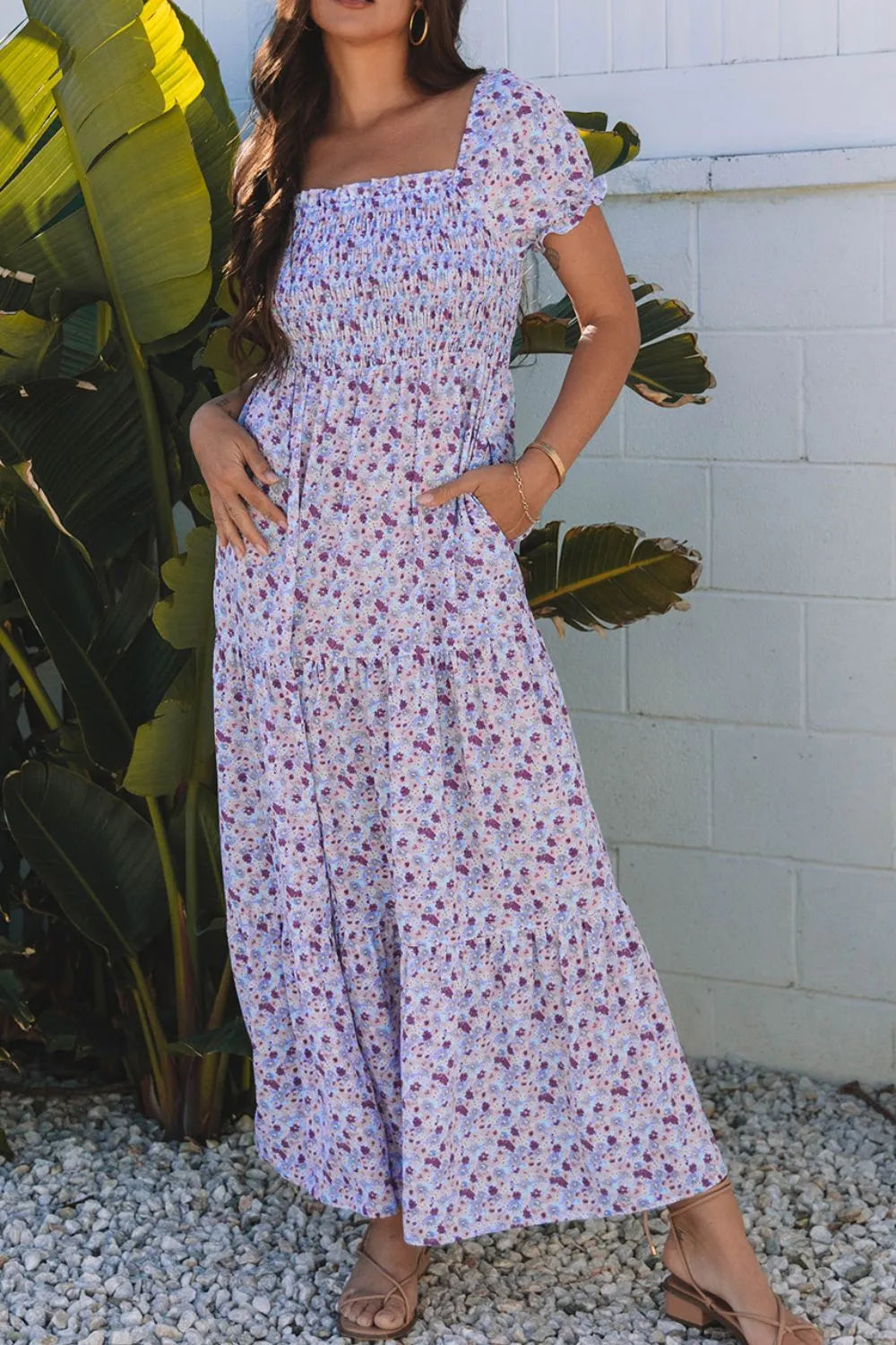 Buy Tiered Floral Shirred High Waist Maxi Dress by Faz