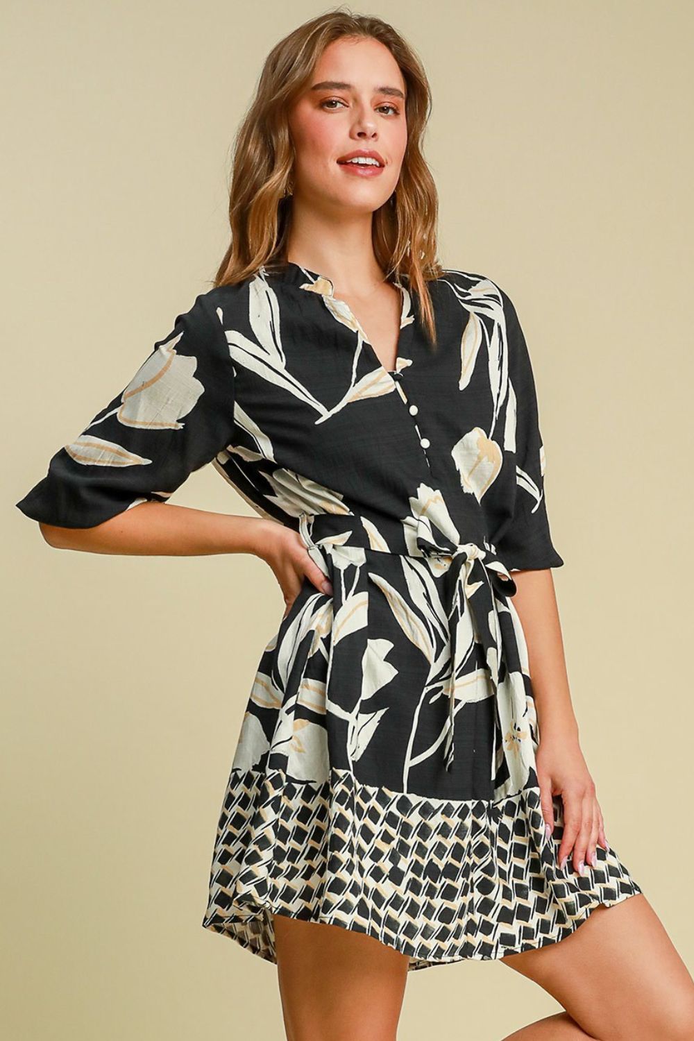 Buy Full Size Floral Print Notched Tie Waist Mini Dress Plus Size by Faz