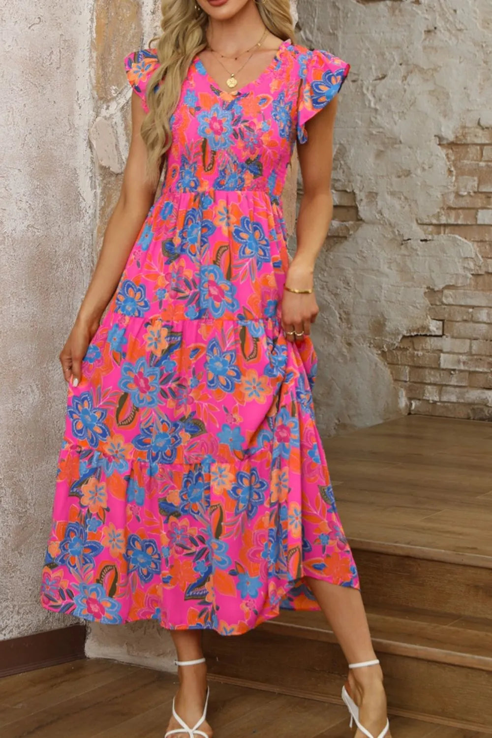 Buy Boho Floral V Neck Ruffle Tiered Dress by Faz