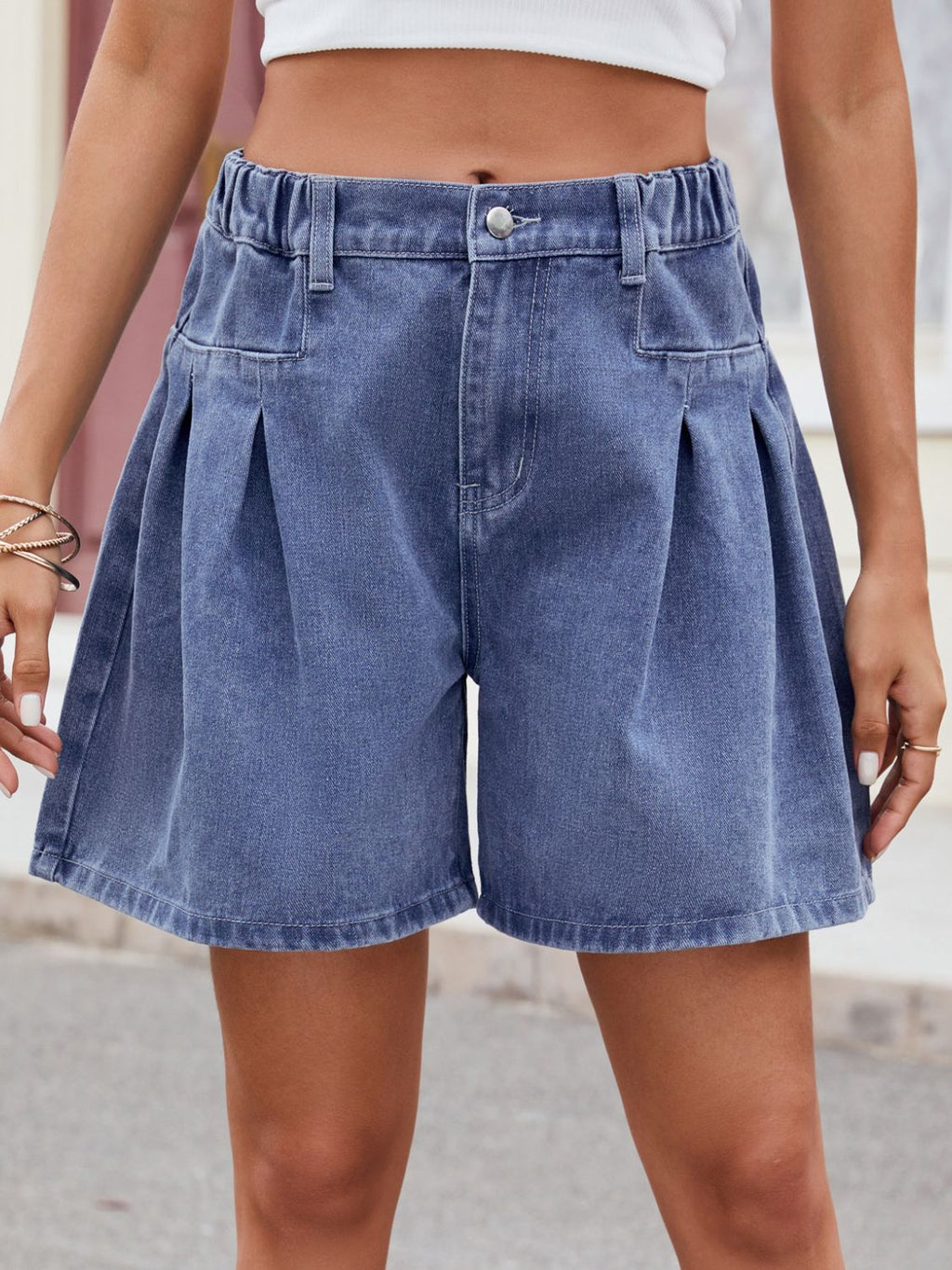 Buy Ruched Half Elastic Waist Denim Shorts by Faz