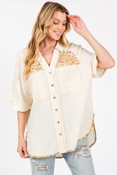 Buy Full Size Floral Detail Button Up Short Sleeve Shirt by SAGE+FIG