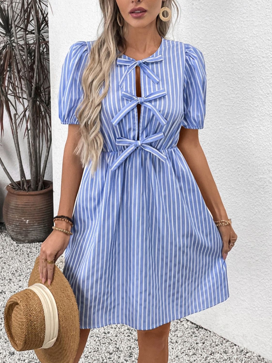 Buy Tied Striped Short Sleeve Mini Dress by Faz