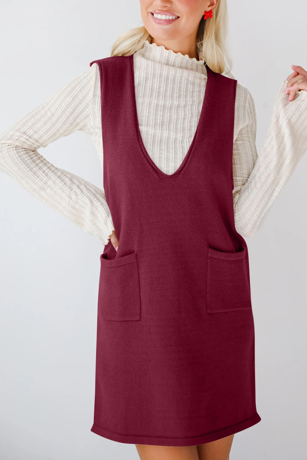 Buy Pocketed V-Neck Mini Sweater Overall Dress by Faz