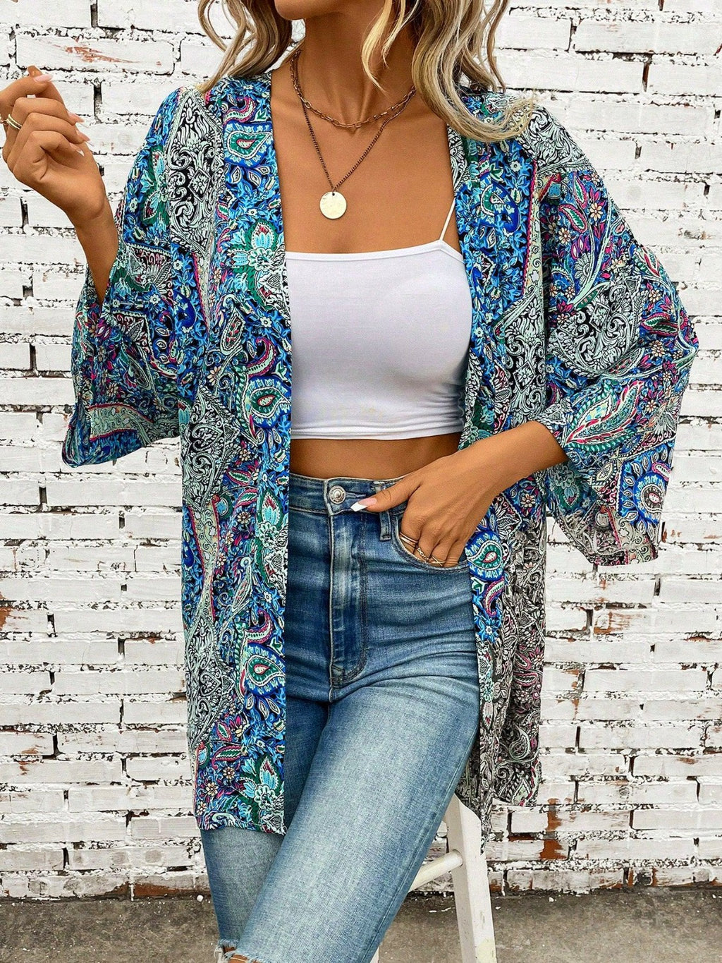 Buy Printed Open Front Three-Quarter Sleeve Cover Up by Faz