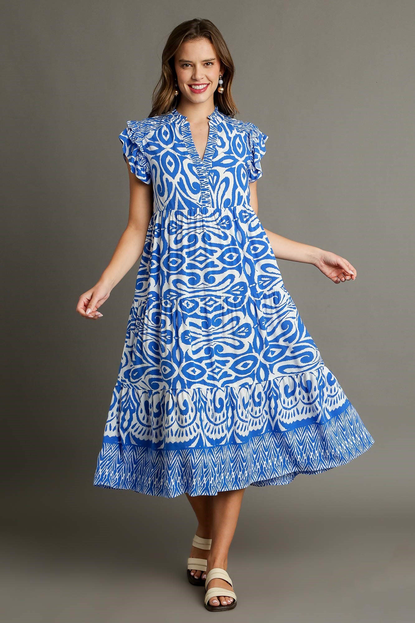 Buy Full Size Two Tone Border Print Ruffle Cap Sleeve Midi Dress Plus Size by Faz