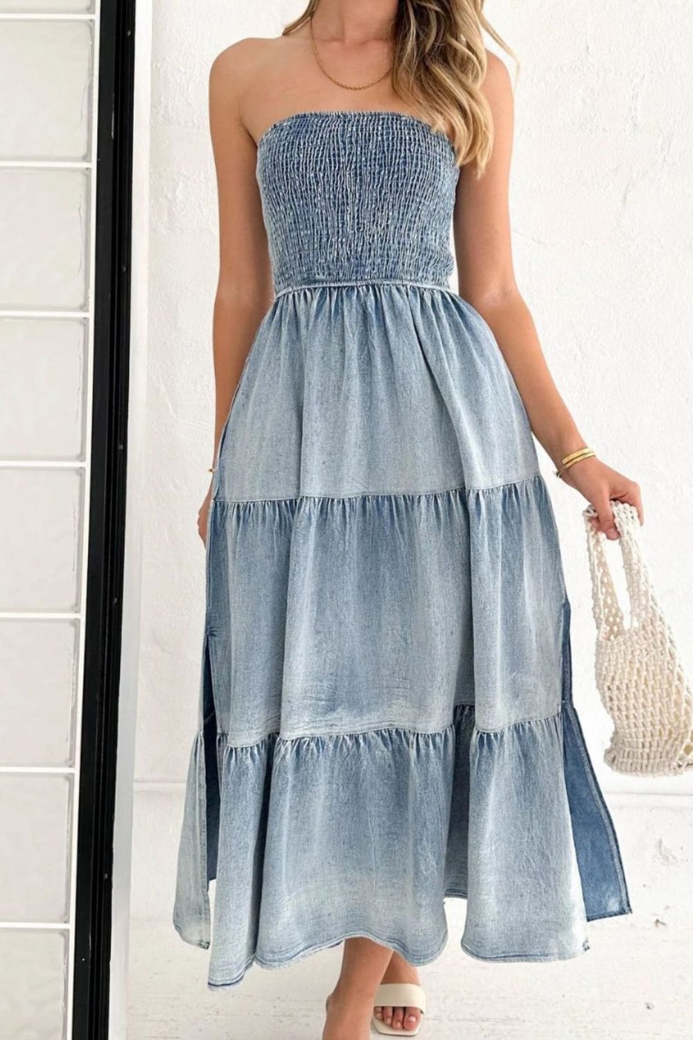 Buy Smocked Tube Slit Tiered Denim Dress by Faz