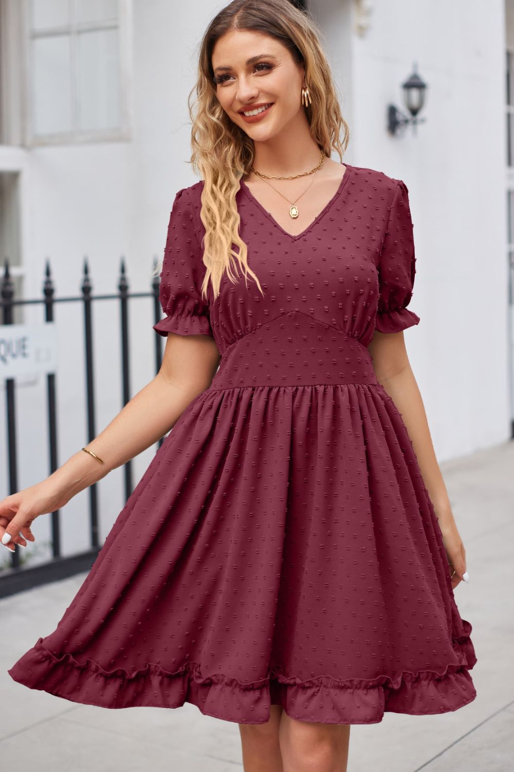 Buy Swiss Dot Frill Trim Flounce Sleeve V-Neck Dress by Faz