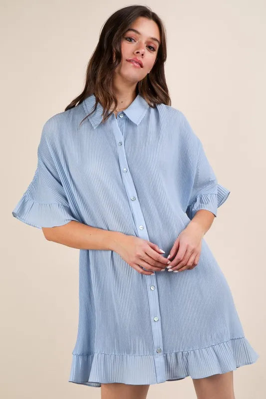 Buy Pleated Detail Button Down Mini Dress by Faz