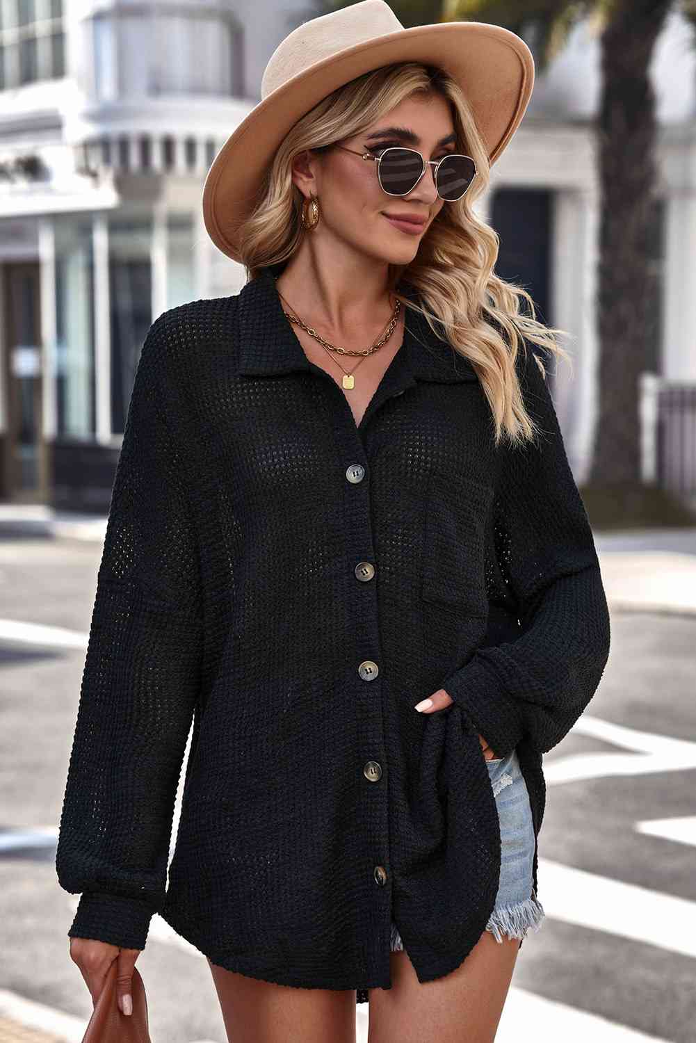 Buy Waffle-Knit Collared Neck Dropped Shoulder Shirt by SYNZ